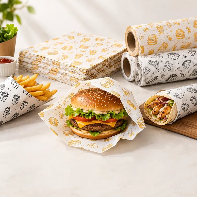 Custom greaseproof papers wrapping burgers, fries, and wraps